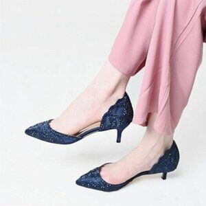 XYD Navy Pointed Toe D'Orsay Kitten Heel Rhinestone Studs Pump Slip-On Shoes